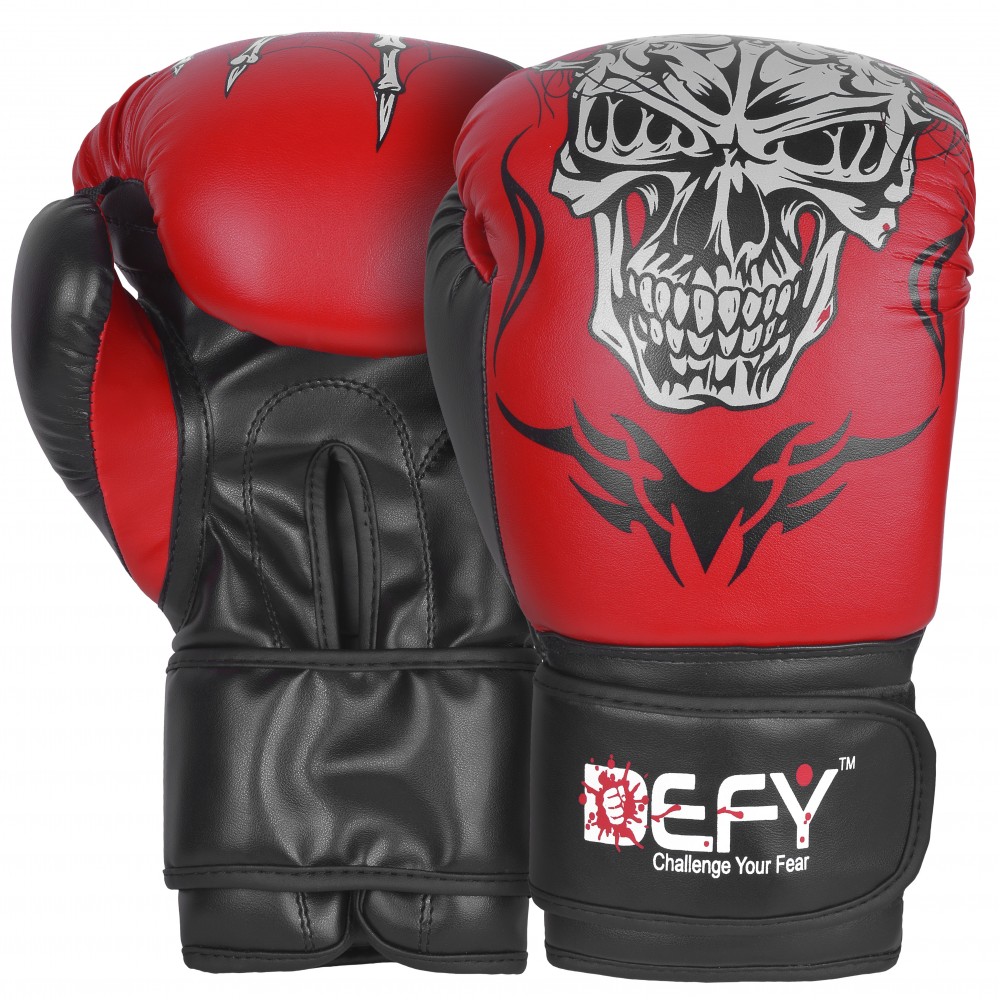 DEFY®  Boxing Gloves Leather Punch Training Sparring MMA Fight UFC Red Skull 