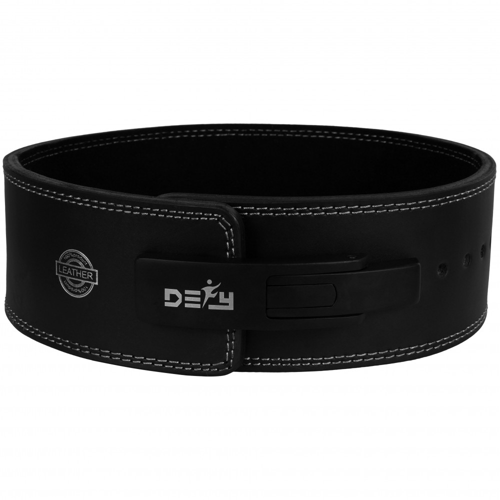 DEFY Power Lifting Belt Lever Buckle Genuine Leather 10MM Gym Training Exercise Belt Black