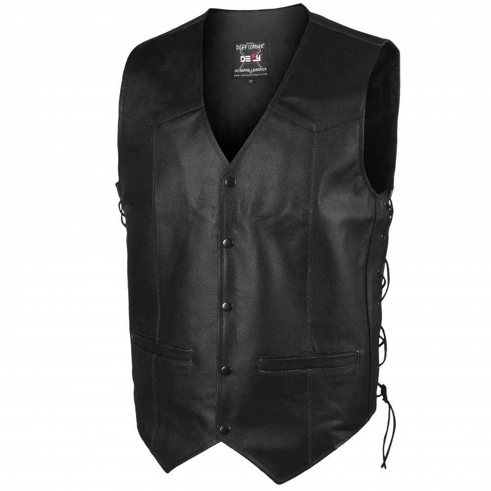 DEFY New Men's Premium Quality Braided Side Lace Motorcycle Black Leather Vest