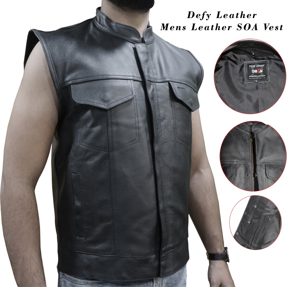 DEFY™ SOA Men's Motorcycle Club Leather Vest Concealed Carry Arms Solid Back 