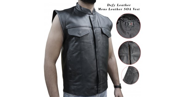 CHEST 52-54 INCHES DEFY Mens Black Genuine Leather 10 Pockets Motorcycle Biker Vest New 3XL 
