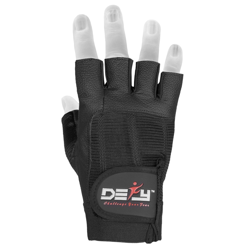 DEFY Real Leather Padded Gym Gloves Fitness Weightlifting Training Long Wrist 